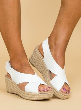 凉鞋2020夏季新款大码高跟女鞋欧美爆款扣带外贸坡跟女士凉鞋wish