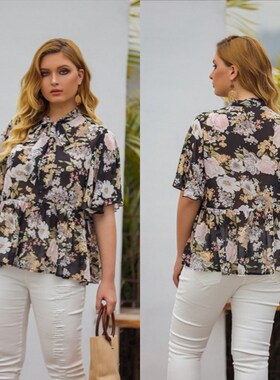 fat women summer shirts floral printed blouses chiffon tops