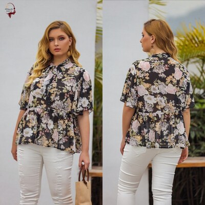 fat women summer shirts floral printed blouses chiffon tops