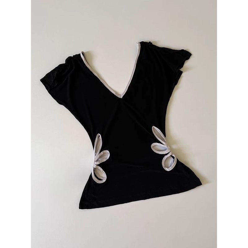 Hollow Out V Neck Backle Tees Women Casual Female Tanks Crop