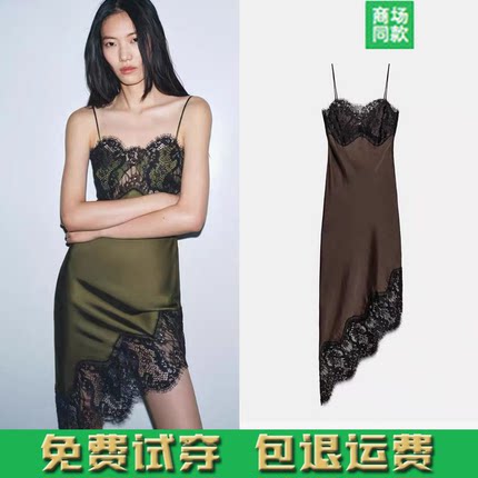 春季新品女装不对称裙摆蕾丝拼接缎面连衣裙丝缎裙 4772113 099