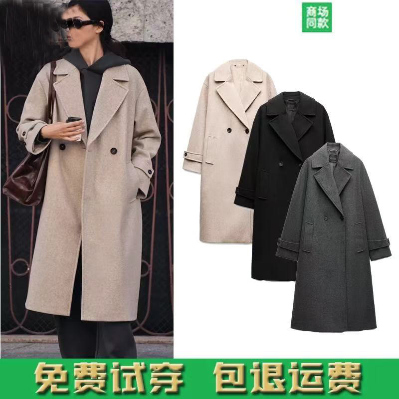 百搭宽松翻领长袖毛呢大衣外套