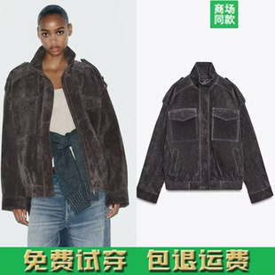 秋季新品女装工装口袋饰绒面质感皮革外套麂皮绒夹克 4341770 822