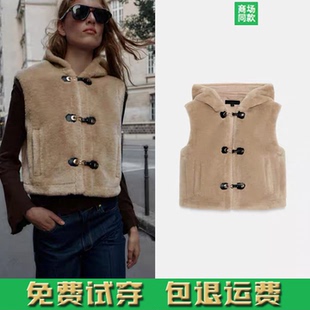 新品 6318281 女装 连帽绳结扣饰抓绒背心皮草马甲 704 短款 秋季