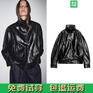 秋季新品时尚亮面皮衣女装高领飞行员夹克外套 3548251 800