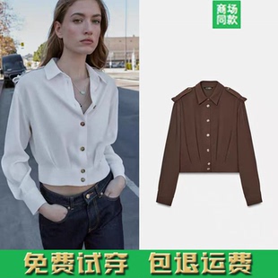春夏新品女装长袖翻领短款肩部绊带衬衫短上衣 2112572 251