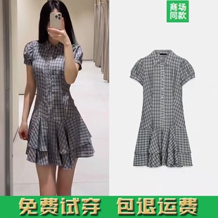 春季新品女装衬衫式学院风叠层装饰格子短连衣裙 2180301 111