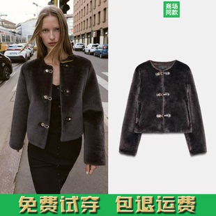 6318286 秋季 棕色皮草效果绳结扣双面夹克外套短款 女装 700 新品