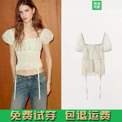 ZA女装新款法式复古方领泡泡袖蕾丝束腰系带短款修身上衣4770312