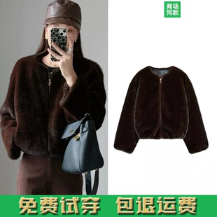 秋季新品女装 人造皮草效果飞行员夹克外套短皮草 6318288 716