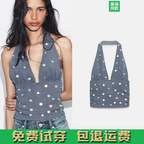 春夏新品甜辣风紧身仿旧串珠饰V领挂脖领吊带背心上衣T恤5063329