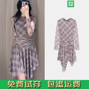 格子绢网连衣裙 春季 收腰褶皱不对称短款 甜美时尚 5039012 女装