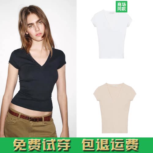 ZA家新款女装美式辣妹风V领短袖T恤女修身显瘦性感短t上衣4174315