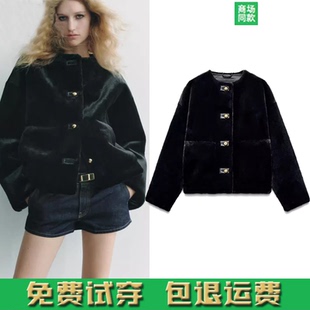 黑色人造皮草效果圆领毛毛棉服夹克上衣 新品 8490242 冬季 女装