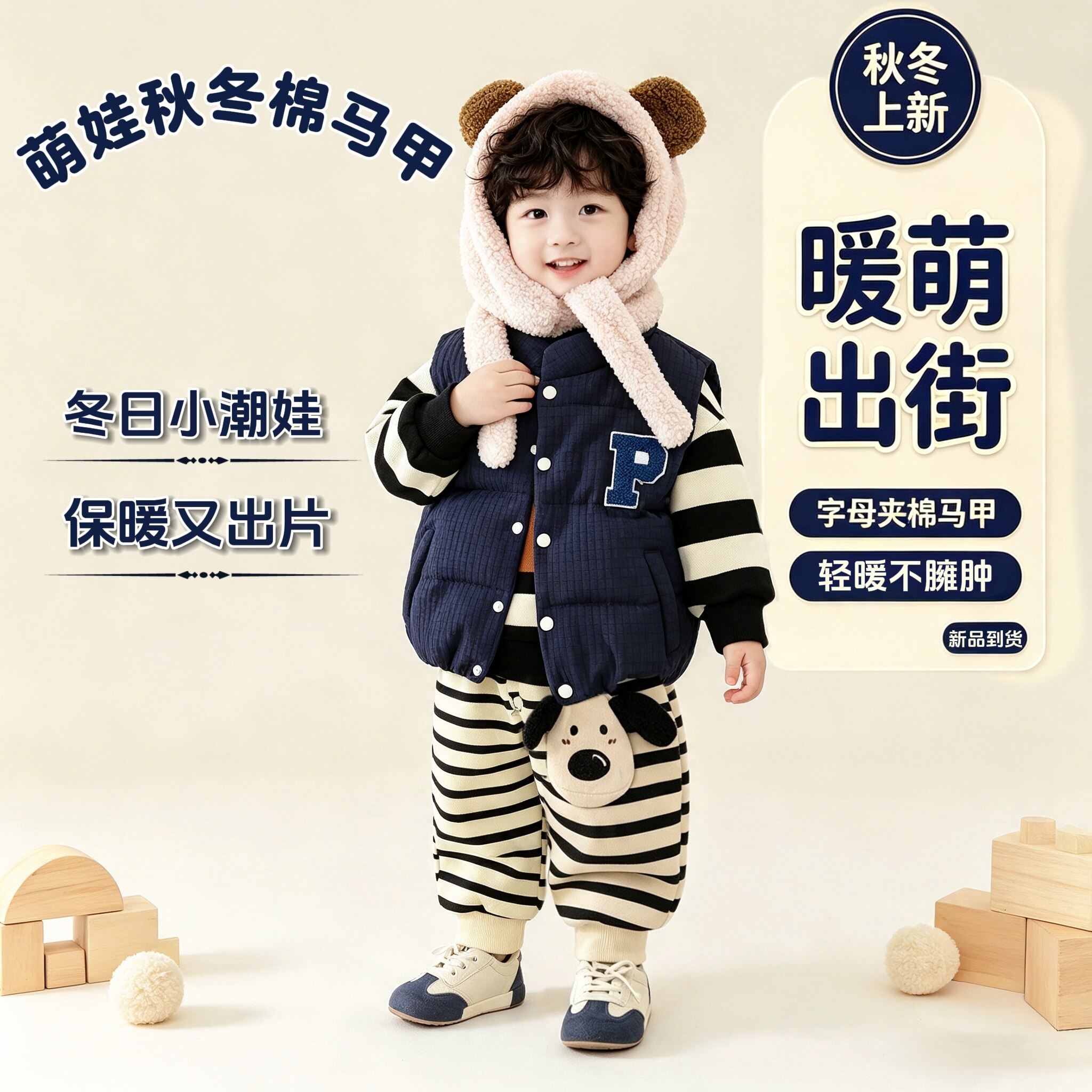 棉服马甲宝宝秋冬新款背心外穿婴儿童韩版加厚外套搭叠穿黑色羽绒