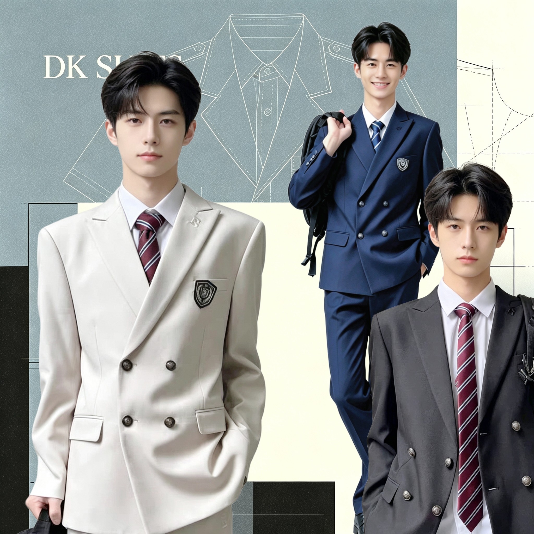 dk男生制服西装西服衬衫原创正版全套男士马甲套装中山装领带女生