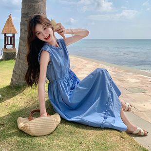 蓝色甜美木耳边无袖 韩系气质温柔过膝长裙 衬衫 连衣裙女夏2025新款