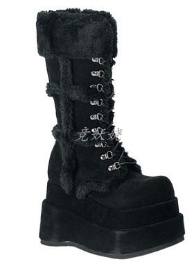 美国代购Pleaser Demonia11.5m黑色人造毛皮厚底中筒靴休闲靴女靴