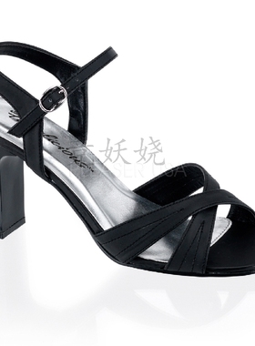 美国Pleaser/Fabulicious8.3cm黑色缎布面交叉带露趾粗跟跟高凉鞋