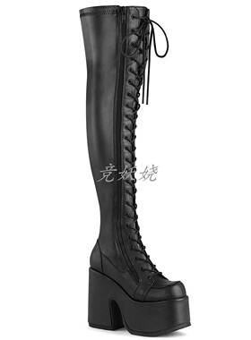 美国Pleaser/Demonia12.75cm粗跟漆皮系带过膝弹力长筒超高跟女靴