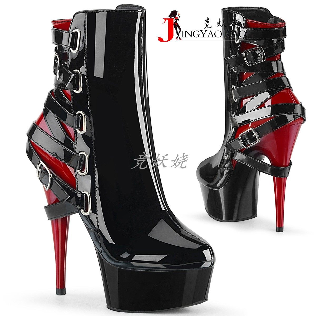 2cm双色调高跟踝靴十字交叉背扣带防水台短筒女靴