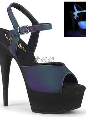 美国代购Pleaser15.2cm厚底防水台钢管舞夜光鞋面露趾高跟凉鞋女