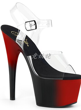 美国【Pleaser】17.8cm黑色漆皮露趾双色拼接防水台高跟凉鞋女