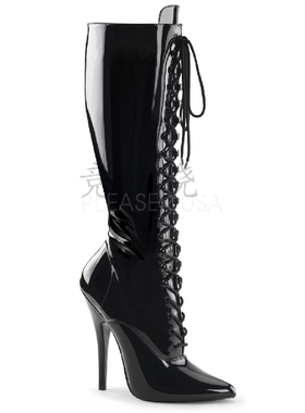 美国Pleaser/Devious15.2cm黑色漆皮尖头高跟系带高筒靴侧拉链靴