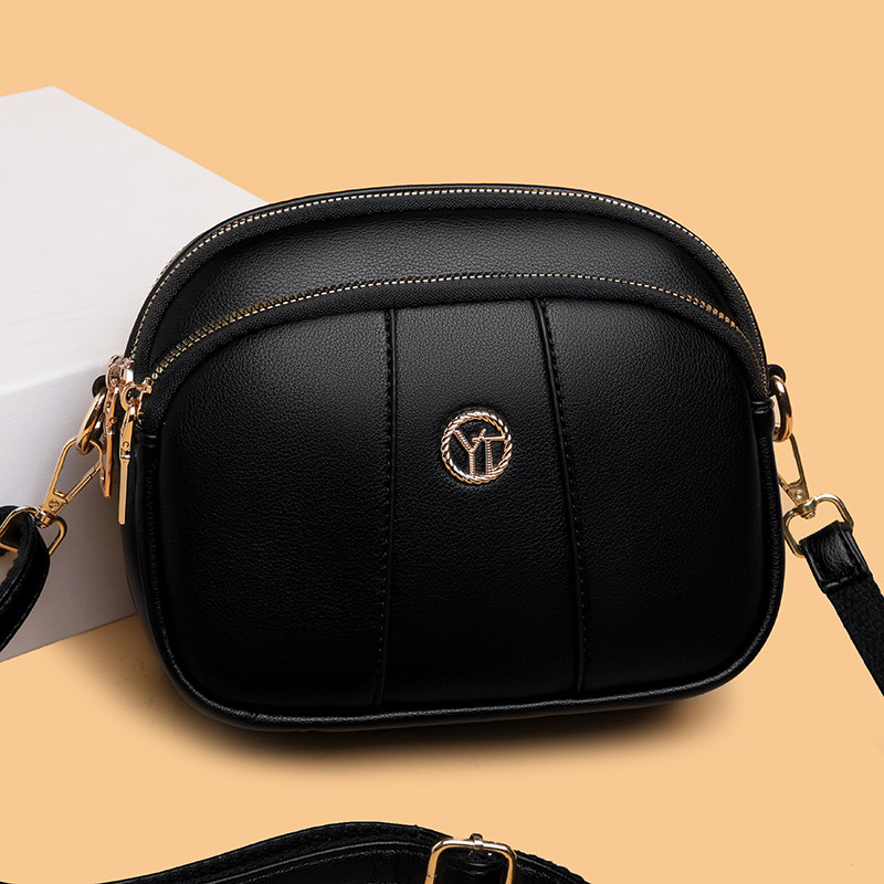 骞诺贝儿高级感黑色软皮单肩包女时尚百搭多层斜挎包