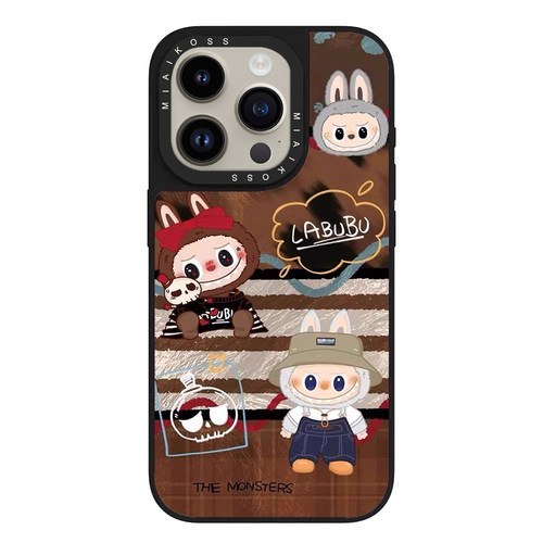 联名Labubu拉布布棕色木纹底适用iPhone15Promax苹果17手机壳潮牌14防摔套13个性12女16可爱卡通磁吸版精致