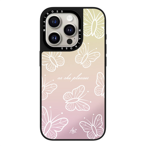 MIAIKOSS/妙吻联名渐变粉金色底镂空蝴蝶适用iPhone16Promax苹果手机壳15潮牌14防摔套13个性12女17磁吸精致