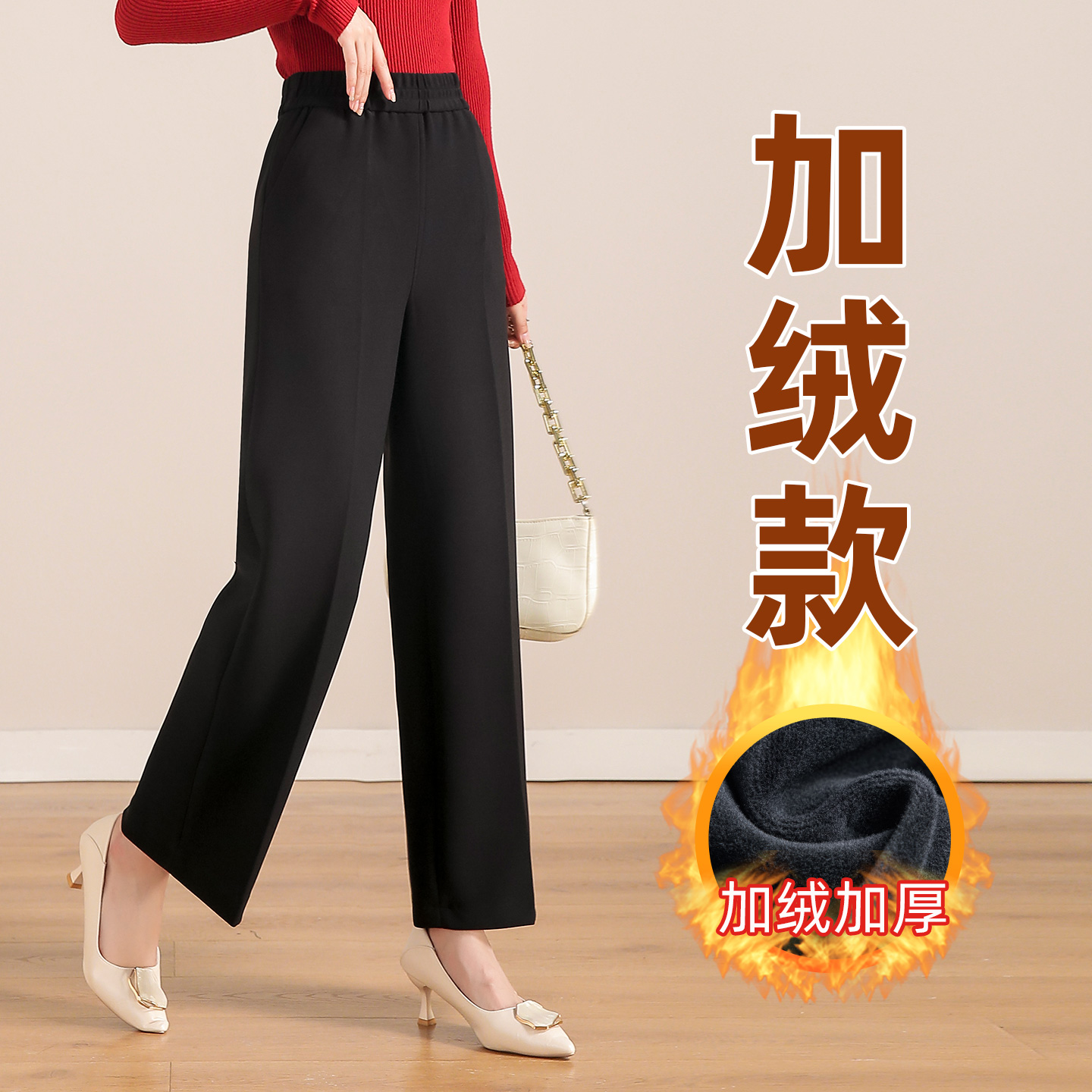 中年妈妈裤子2025秋冬新款松紧高腰加绒阔腿裤加厚中老年人女裤