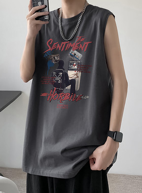 2024新款复古潮流印花无袖男女宽松运动健身美式背心M4118特p18