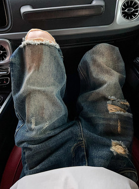 B221美式ins高街暗黑宽松直筒破洞喷墨乞丐牛仔裤LK24202-E60潮78