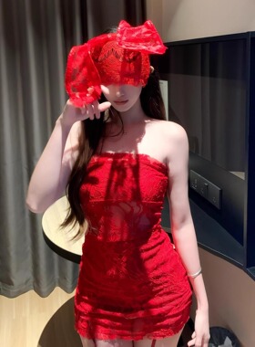 法式复古御姐风红色蕾丝抹胸包臀裙辣妹收腰性感短裙兔女郎套装女