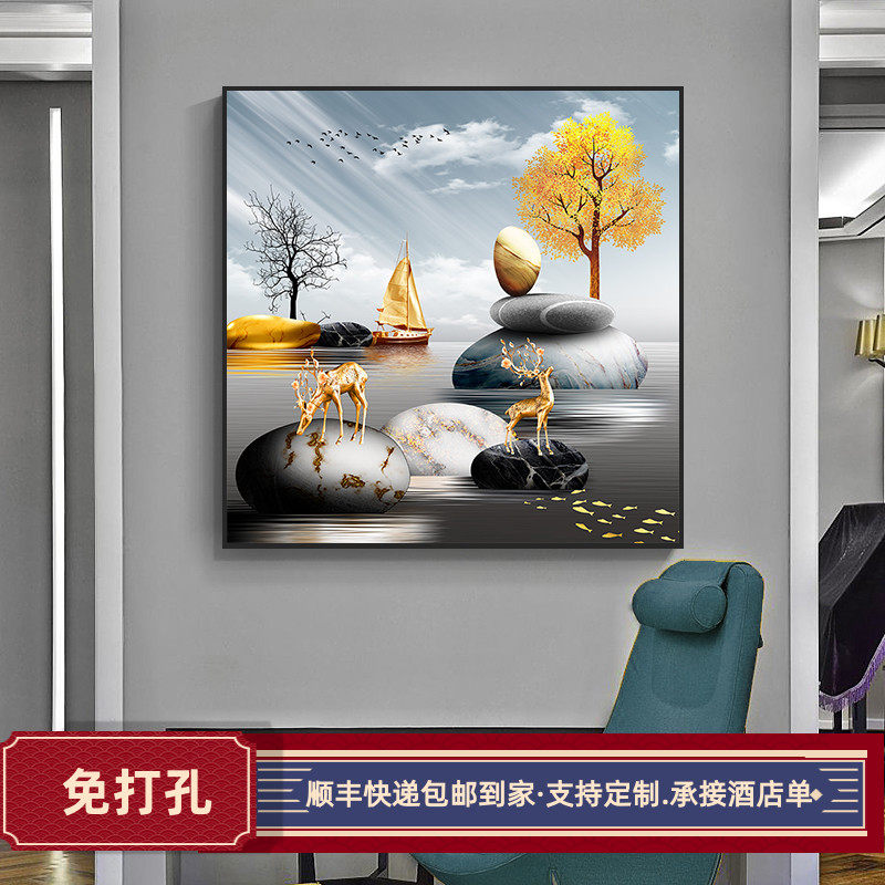 河南生产现代简约招财鹿客厅装饰画 钢琴黑框喷绘墙面壁画可客制