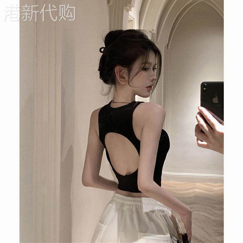 辣妹黑色美背背心小吊带女夏季纯欲修身运动高腰短款无袖露背上衣