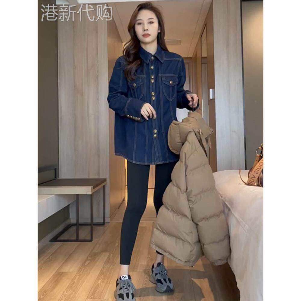 香港TIMO叠穿软牛仔衬衫女秋冬春中长款宽松加绒加厚保暖衬衣外套