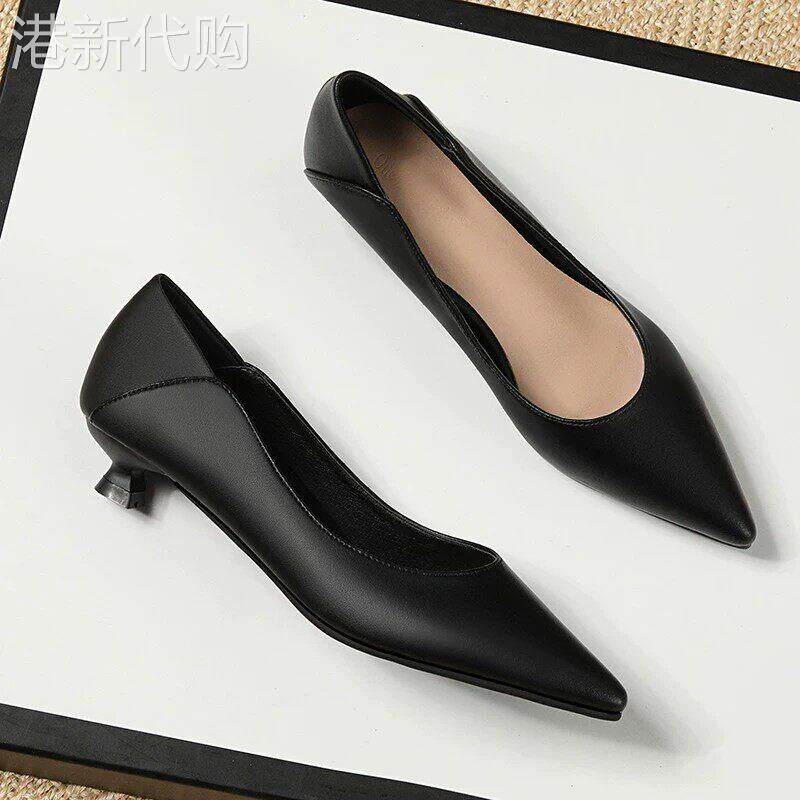 高级感黑色软皮软底工作鞋女夏季新款尖头低跟久站不累脚休闲包鞋