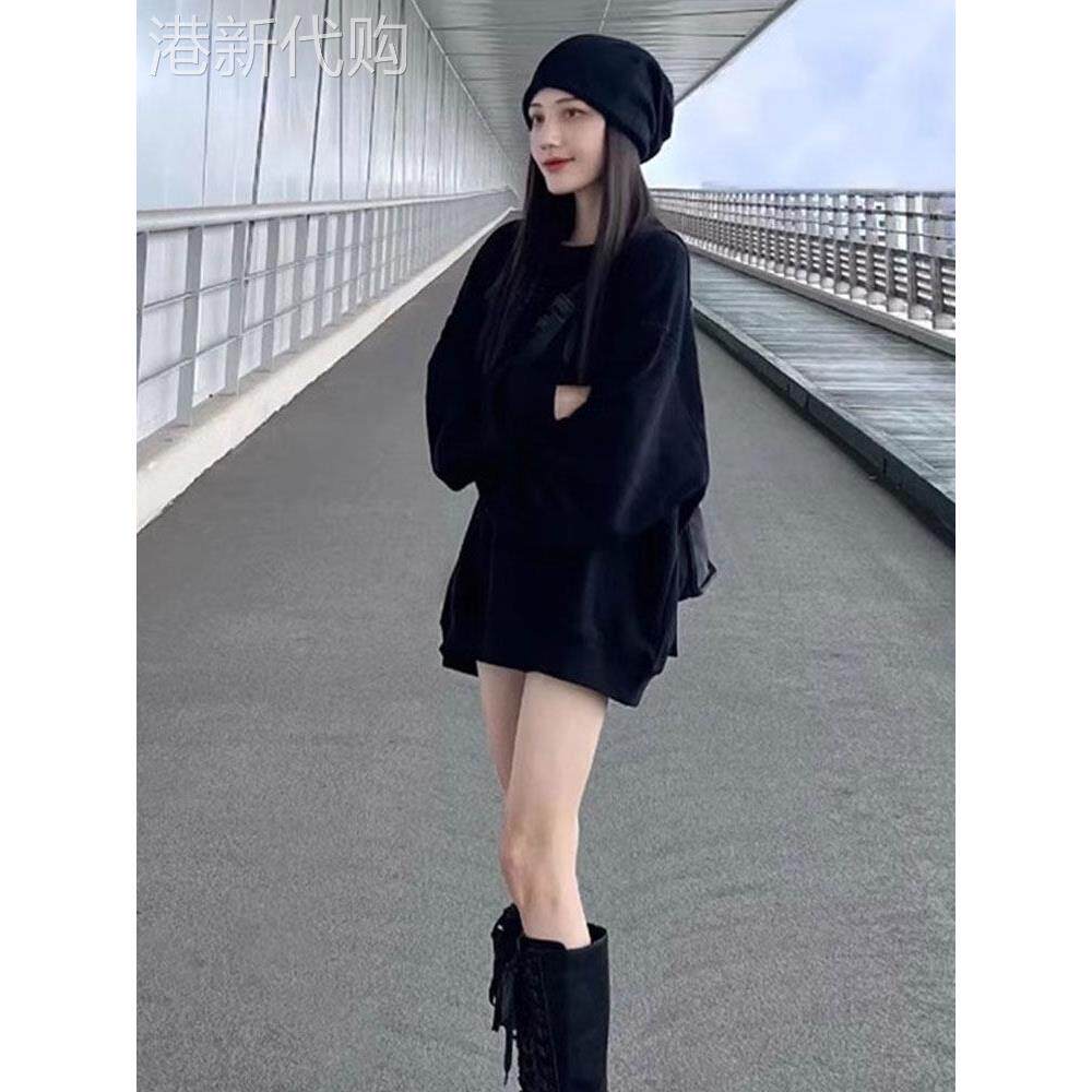 黑色圆领厚棉T女夏季宽松显瘦休闲 oversize慵懒风中长版套头上衣