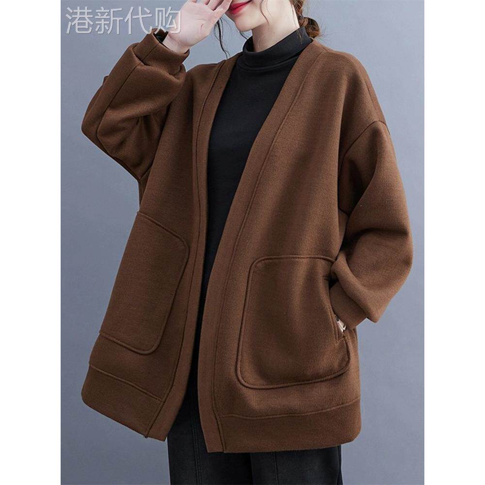 开衫卫衣外套女2025秋冬装新款宽松大码显瘦加厚保暖无扣V领上衣