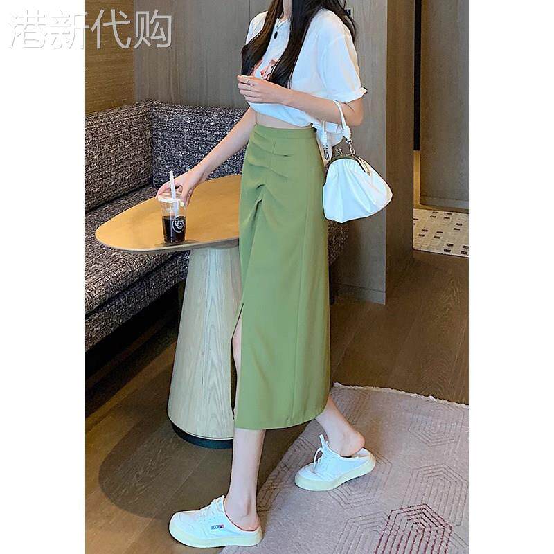 绿色开 叉褶皱半身裙女夏季高腰中长版a字包臀半裙小个子一步裙子