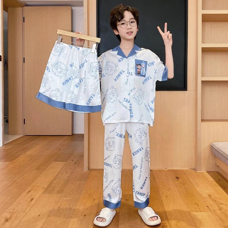 儿童睡衣男童夏季冰丝薄款三件套装中大童短袖长裤男孩真丝家居服