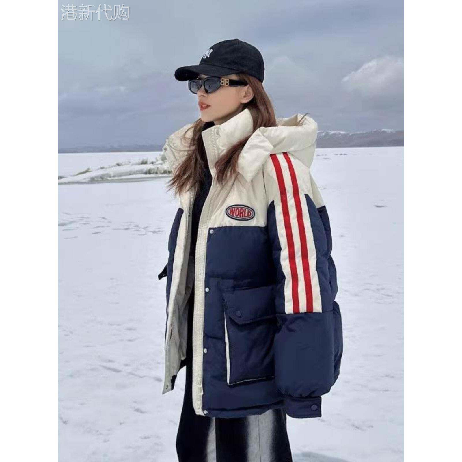 拼色羽绒棉服女美式工装风登山服2025冬季新款加厚连帽滑雪服外套