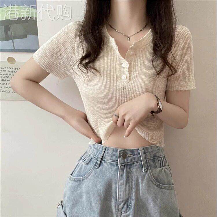 杏色针织短袖t恤女夏薄款2025年修身显瘦V领洋气时尚减龄短款上衣图片