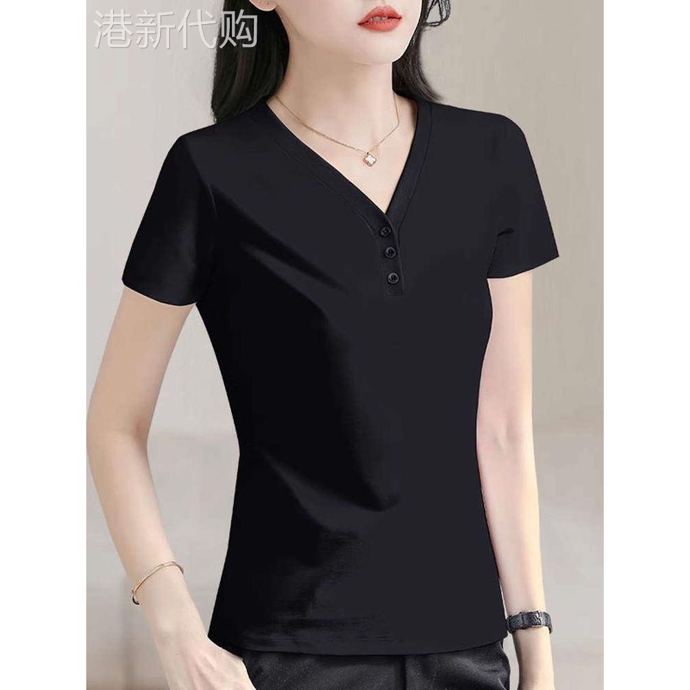 潮牌CVY短袖t恤女2025夏季新款韩版洋气半袖正肩修身v领体恤上衣
