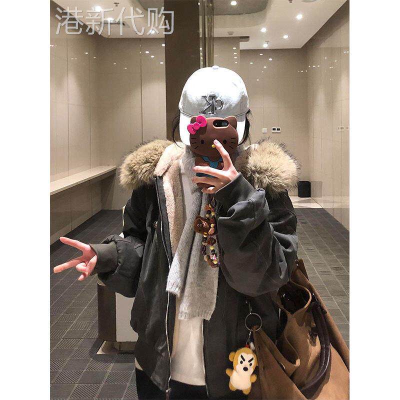美式毛领连帽外套女2025新款冬季今年流行校园风加厚保暖棉服上衣