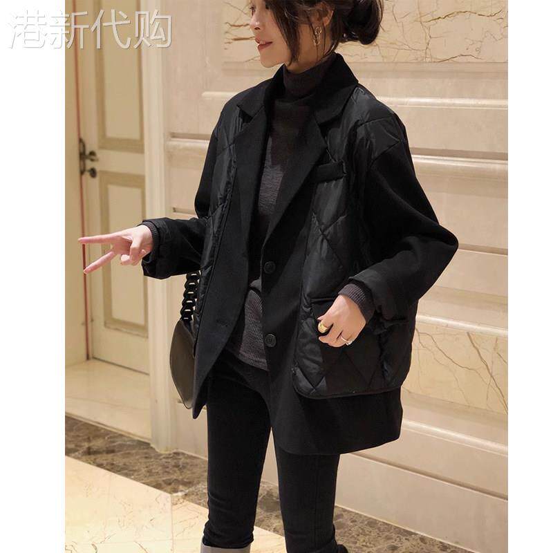 羽绒棉服女冬季2025新款韩版棉衣棉袄拼接假两件黑色西装外套上衣