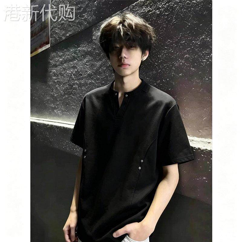 LL男装V领铆钉短袖T恤男夏季设计感boxy拼接美式正肩重磅半袖上衣