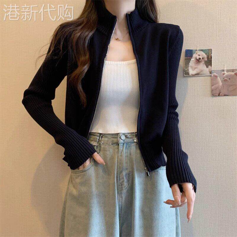 黑色针织开衫外套女2025新款春秋款小个子立领拉炼毛衣打底衫内搭